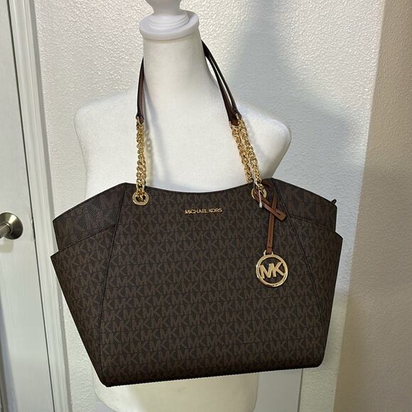 Michael Kors Large Shoulder Tote Logo Brown Gold Tone Hardware New with Tags - Picture 6 of 9